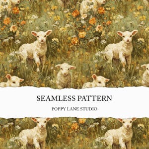 Op de afbeelding: Naadloos patroon met lammeren in een veld met wilde bloemen. De lammeren zijn wit, tegen een achtergrond van groen gras en gele en oranje bloemen. De tekst "SEAMLESS PATTERN" en "POPPY LANE STUDIO" is te zien.