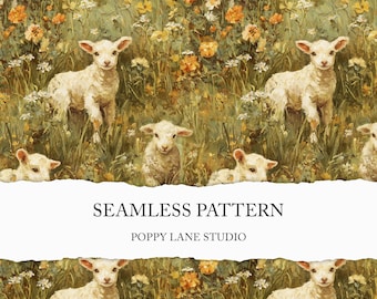 vintage lamb seamless pattern, gouache lamb background, antique sheep seamless file, antique Easter print, oil painting scrapbook paper JPEG