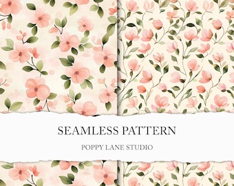 cute blush pink flower pattern, pink flowers and foliage, seamless watercolour floral pattern, flower background, pink floral digital paper