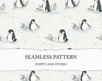 pastel penguin background, watercolour penguin seamless pattern, seamless fabric design, children's seamless, cute penguin printable paper