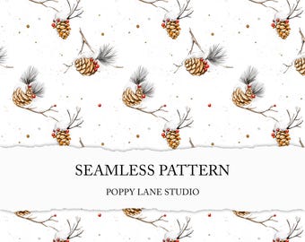 pine cone seamless pattern, minimalist pine cone background, white Christmas pattern, watercolour Xmas background, pine cone printable paper