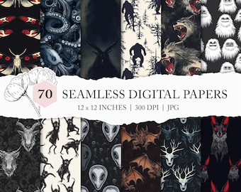 Cryptid seamless pattern, assorted cryptid digital paper, seamless cryptid, monster printable, Wendigo Sasquatch Goatman Mothman Chupacabra