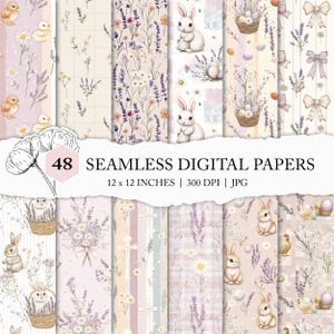 Papel digital de Pascua cottagecore, lindo patrón primaveral sin costuras, estampado de lavanda, archivo sin costuras de conejito de Pascua, papeles de Pascua florales boho pastel