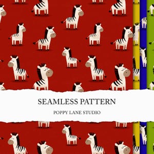 Puede incluir: Un patrón sin costuras con cebras de dibujos animados sobre un fondo rojo. Las cebras son blancas con rayas negras y tienen un diseño amigable. El texto "SEAMLESS PATTERN" y "POPPY LANE STUDIO" también es visible.