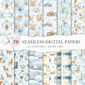 winter farm background, blue farm animals scrapbook paper, winter farm seamless pattern, farmhouse digital paper, winter animal seamless JPG