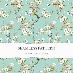 Puede incluir: Un patrón sin costuras con flores blancas y rosas sobre un fondo azul claro. El patrón se repite en toda la imagen. El texto "SEAMLESS PATTERN" y "POPPY LANE STUDIO" se muestra en una pancarta blanca con un borde desgarrado.