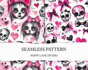 emo punk seamless background, seamless emo girl paper, punk girl seamless pattern, printable girl punk paper, pink goth girl seamless file