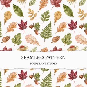 Peut inclure: Un motif répétitif composé d'illustrations à l'aquarelle de feuilles d'automne, de fougères et de glands dans des tons rouge, vert et doré sur fond blanc. Une bannière blanche horizontale au centre affiche le texte SEAMLESS PATTERN POPPY LANE STUDIO.