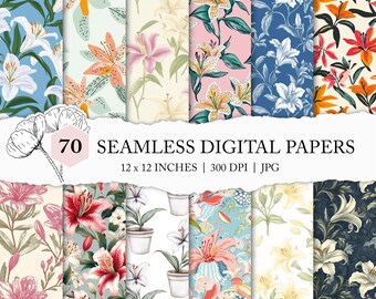 May include: A collection of 70 seamless digital papers, each 12 x 12 inches, featuring floral patterns. The designs showcase lilies in various colors, including white, orange, pink, and red, set against diverse backgrounds. The image includes the text "70 SEAMLESS DIGITAL PAPERS".