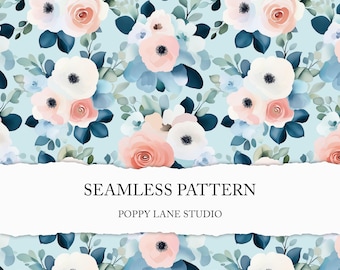 watercolour floral background, blue floral seamless pattern, blue flower seamless file, pastel flower arrangements, seamless winter flowers