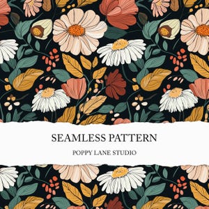 fall floral seamless file, autumn flower pattern, colourful fall background, painted autumn florals, daisy digital paper, commercial use JPG
