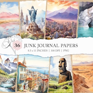Diario de vacaciones en Chile, postales de Chile en acuarela, diario basura de Chile, páginas de álbum de recortes de Sudamérica, documentos de viaje de Chile para imprimir en casa