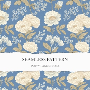 blue French floral seamless pattern, floral toile de jouy, blue cream flower background, seamless toile pattern, blue chinoiserie florals