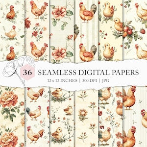 shabby chic chicken background, vintage chicken pattern, chicken digital paper, chicken seamless background, cottagecore chicken pattern