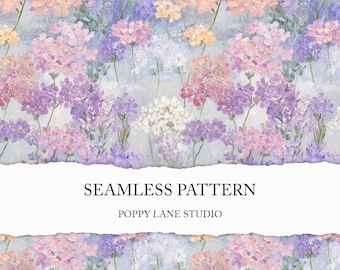 Könnte beinhalten: Ein nahtloses Blumenmuster im Aquarellstil. Das Design zeigt Blumen in Rosa-, Lila- und Weißtönen auf einem hellblauen Hintergrund. Der Text "SEAMLESS PATTERN" und "POPPY LANE STUDIO" sind zu sehen.