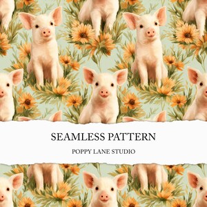 Peut inclure: Un motif répétitif représentant des porcelets rose clair assis parmi des tournesols orange vif et un feuillage vert sur un fond vert pâle. Le texte SEAMLESS PATTERN et POPPY LANE STUDIO est inscrit au centre de l'image.