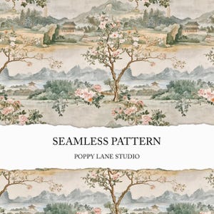 Puede incluir: Un patrón sin costuras que presenta una ilustración de acuarela de un paisaje chino tradicional con montañas, árboles y flores. El patrón está en tonos de azul, verde y rosa.