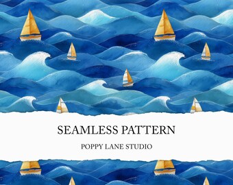 ocean waves and sailboats background, seamless boat pattern, sailing seamless pattern, nautical fabric design, marine printable background