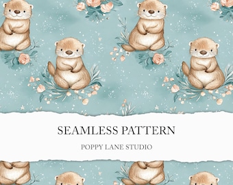 cute pastel otter seamless pattern, baby otter pattern, cute otter background, baby otter scrapbook paper, otter fabric pattern, pastel tone