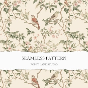Lindo fondo chinoiserie, patrón floral de pájaros en color crema, papel chinoiserie sin costuras en color beige, diseño de naturaleza vintage, papel digital chinoiserie