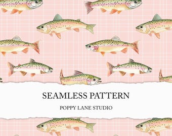 rainbow trout background, seamless trout pattern, pink fish seamless pattern, pink plaid rainbow trout surface design, fishing seamless file