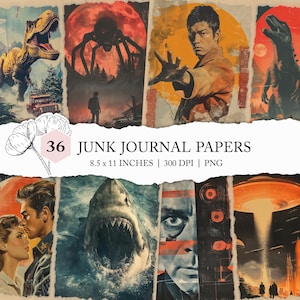 vintage movie journal pages, retro movie prints, movie night digital paper, distressed movie journal paper, aged movie poster junk journal