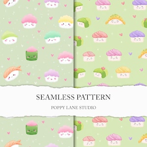 modello senza soluzione di continuità di sushi kawaii, sfondo di cibo carino, modello di sushi senza soluzione di continuità, carta digitale, carta per scrapbooking di cibo giapponese, sushi stampabile