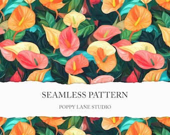 anthurium seamless pattern, vibrant tailflower background, preppy flamingo flower pattern, pigtail plant printable, laceleaf digital paper