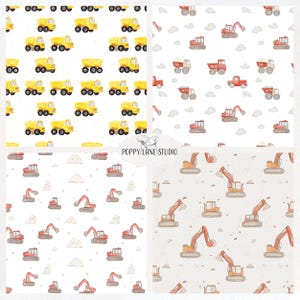 May include: Four seamless patterns featuring watercolour illustrations of construction vehicles. The patterns include yellow dumper trucks, red excavators, and piles of sand. The patterns are on a white background.
