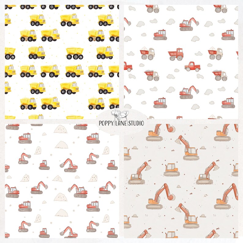 May include: Four seamless patterns featuring watercolour illustrations of construction vehicles. The patterns include yellow dumper trucks, red excavators, and piles of sand. The patterns are on a white background.