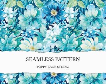 preppy teal floral seamless pattern, blue watercolour flower background, seamless blue flower pattern, cute blue floral scrapbook paper