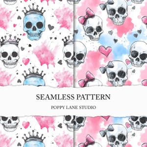 crowned skull background, seamless skull pattern, human skull digital paper, emo punk girl seamless pattern, skull with bow scrapbook paper