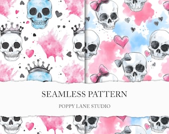 crowned skull background, seamless skull pattern, human skull digital paper, emo punk girl seamless pattern, skull with bow scrapbook paper