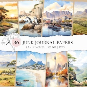 Papel para álbumes de recortes de Sudáfrica, páginas de revistas basura de Sudáfrica, papel digital de acuarela de Sudáfrica, postales imprimibles de paisajes africanos