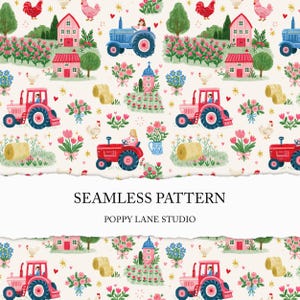 May include: A seamless pattern featuring a whimsical farm scene. Pink and blue tractors, red houses, chickens, hay bales, and floral arrangements are scattered across a cream background. The text "SEAMLESS PATTERN" and "POPPY LANE STUDIO" are also visible.