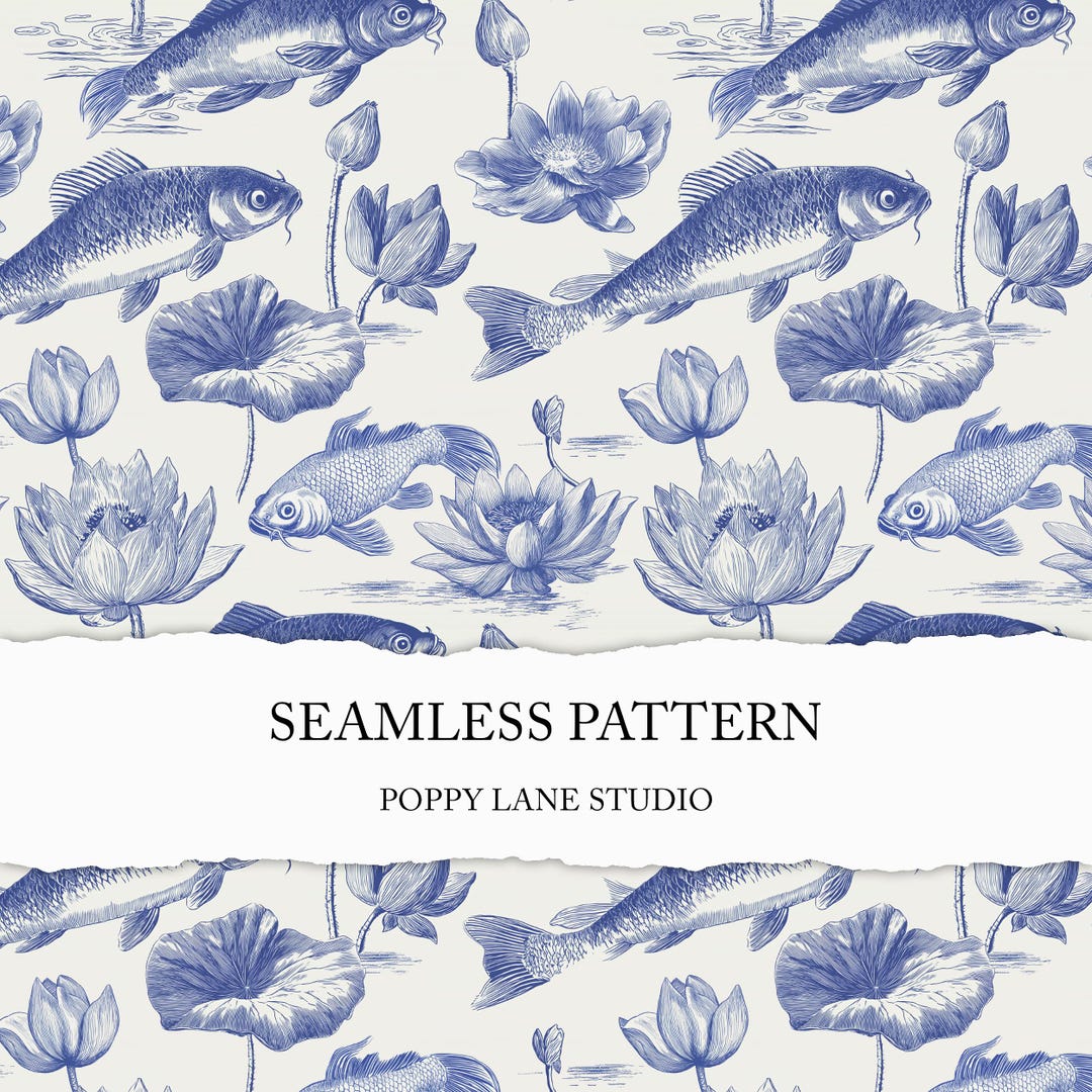 Blue Koi Toile Background, Seamless Koi Pattern, Vintage Fish Seamless ...