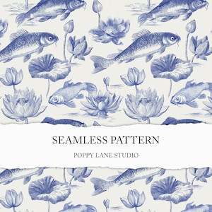 Puede incluir: Patrón sin costuras con carpas koi azules y flores de loto sobre un fondo crema. El diseño presenta ilustraciones detalladas de los peces y las flores, creando una estética clásica y elegante. El texto "SEAMLESS PATTERN" y "POPPY LANE STUDIO" también son visibles.