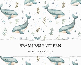 delicate whale pattern, watercolor whale seamless pattern, seamless whale background, blue whale pattern, digital background, commercial use