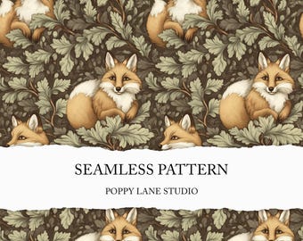 vintage fox seamless pattern, woodland animal print, fox fabric design, seamless fox digital paper, cottagecore, custom textile pattern, JPG