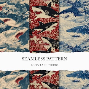 Könnte beinhalten: Nahtloses Muster mit stilisierten Haien in Blau, Rot und Schwarz. Das Design zeigt Haie mit geöffneten Mäulern und detaillierten Zähnen, vor dem Hintergrund von Wellen und abstrakten Mustern. Der Text "SEAMLESS PATTERN" und "POPPY LANE STUDIO" sind ebenfalls sichtbar.