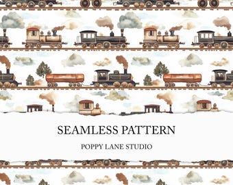 watercolour train seamless pattern, vintage steam train background, brown steam engine digital paper, train scrapbook paper, seamless trains