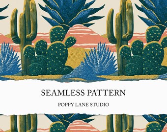 May include: Seamless pattern featuring desert cacti and agave plants in shades of green, blue, and yellow against a cream background. The design includes the text "SEAMLESS PATTERN" and "POPPY LANE STUDIO".