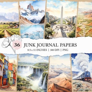 Postales de Argentina, diario de viaje de Argentina en acuarela, impresiones de paisajes de Sudamérica, álbum de recortes de vacaciones en Argentina, páginas de diario basura
