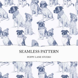 May include: A seamless pattern featuring blue ink illustrations of various dog breeds wearing knit hats and scarves on a white background. The text SEAMLESS PATTERN and POPPY LANE STUDIO is printed in black across a white horizontal band in the center.