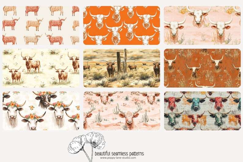 Texas Repeating Vector Texas Longhorn Background, Repeating Cow Pattern, Watercolour Cattle ...