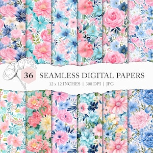 pastel flower background, pink and blue floral digital paper, pink flower pattern, preppy blue floral scrapbook paper, printable paper pack