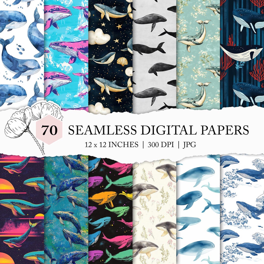 Whale Seamless Pattern, Blue Whale Design, Whale Digital Paper, Blue ...