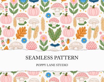 bright autumn seamless pattern, preppy fall print, cute mushroom design, seamless pumpkin digital paper, boho fall seamless file fall leaves