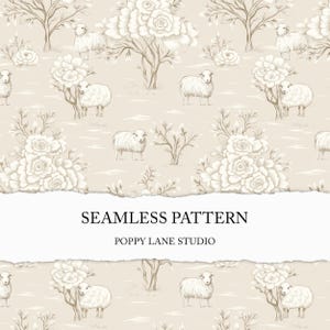 beige schapenchinoiserie, schapen naadloos patroon, chinoiserie landschapsachtergrond, aangepaste stof, schapen digitaal patroon, cottagecore schapen