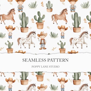 cowboy seamless pattern, watercolour cowboy background, seamless western pattern, cute cowboy with horse, commercial use, wild west paper